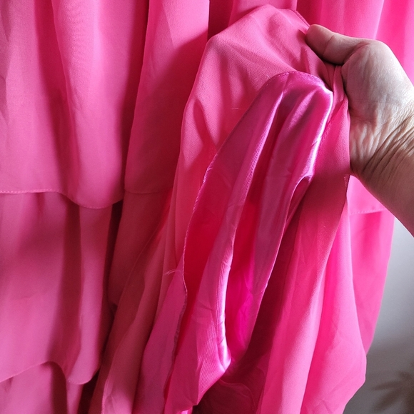 Ieena for Mac Duggal,  Tiered Ruffle Pleated High Neck Gown, HotPink, Size 6,NWT - Picture 11 of 16